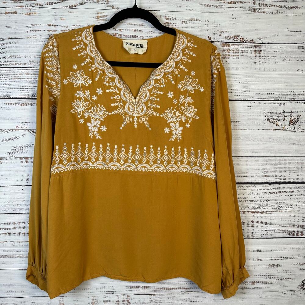 Womens Savanna Jane Mustard Gold Embroidered Boho Long Sleeve Top Flowy Size L